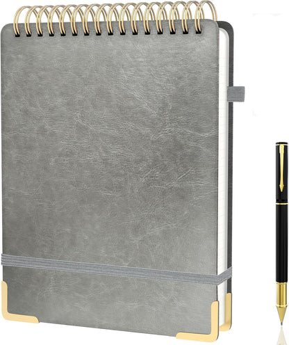 A5 Top Spiral Notebook, Large Leather Hardcover Top Bound Steno Pads, 240 Pages 100 gsm Thick Lined Paper Left Handed Notebook Journal for Work, School, Meeting Writing - Brown, 5.9" x 8.5"