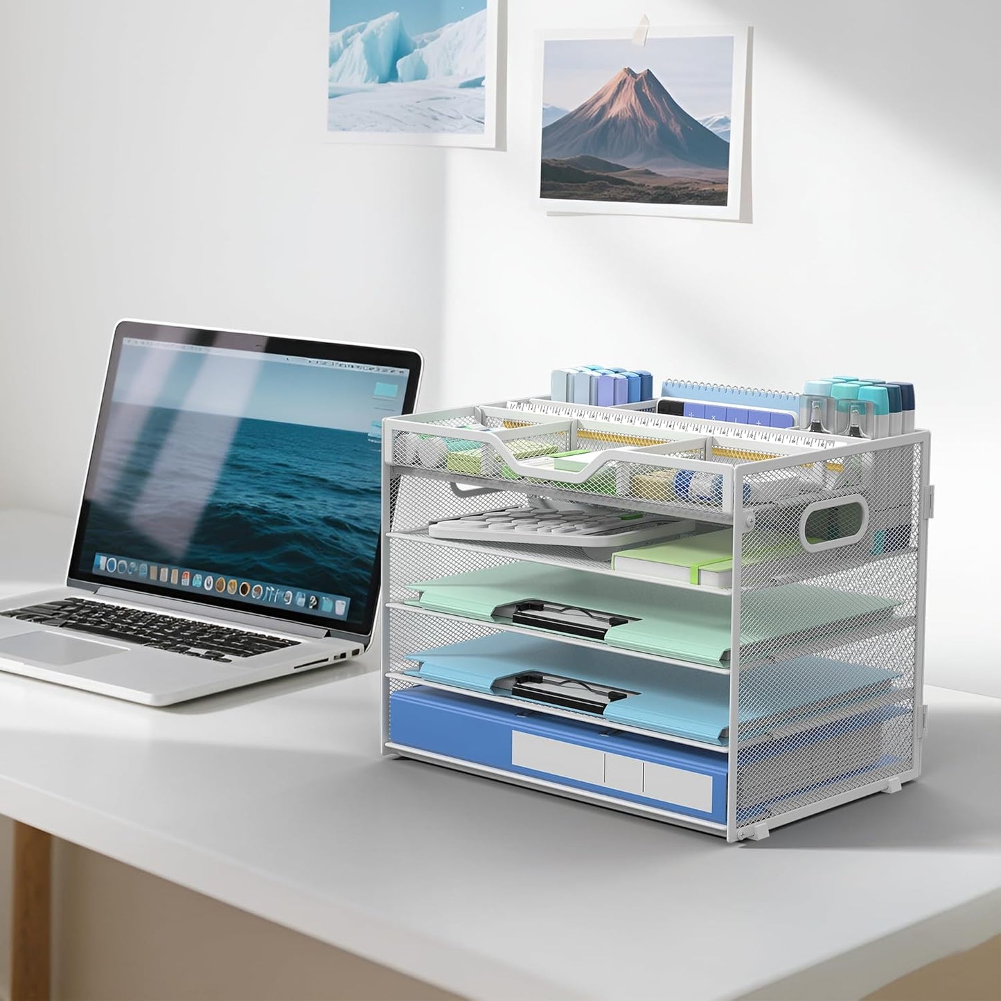 Docnest 5 Tier Letter Tray with Hanging File Organizer-Mesh Desk Organizer-Desktop Storage Box Built in Pen Holder and Handles, File Folder Holder for Mail Documents Office Supplies-Black