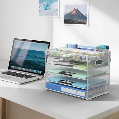 Docnest 5 Tier Letter Tray with Hanging File Organizer-Mesh Desk Organizer-Desktop Storage Box Built in Pen Holder and Handles, File Folder Holder for Mail Documents Office Supplies-Black