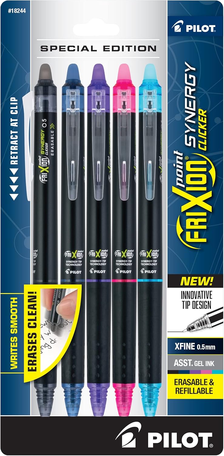 PILOT FriXion Synergy Clicker Erasable, Refillable & Retractable Gel Ink Pens, 0.5mm Extra Fine Point, Black Ink, 5-Pack