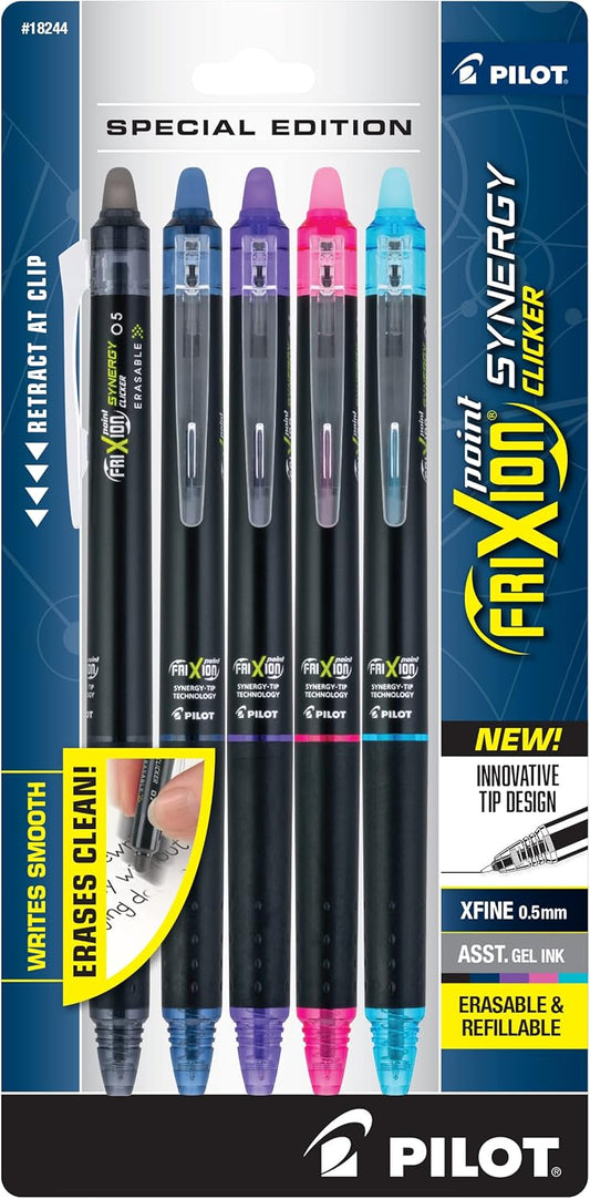 PILOT FriXion Synergy Clicker Erasable, Refillable & Retractable Gel Ink Pens, 0.5mm Extra Fine Point, Black Ink, 5-Pack