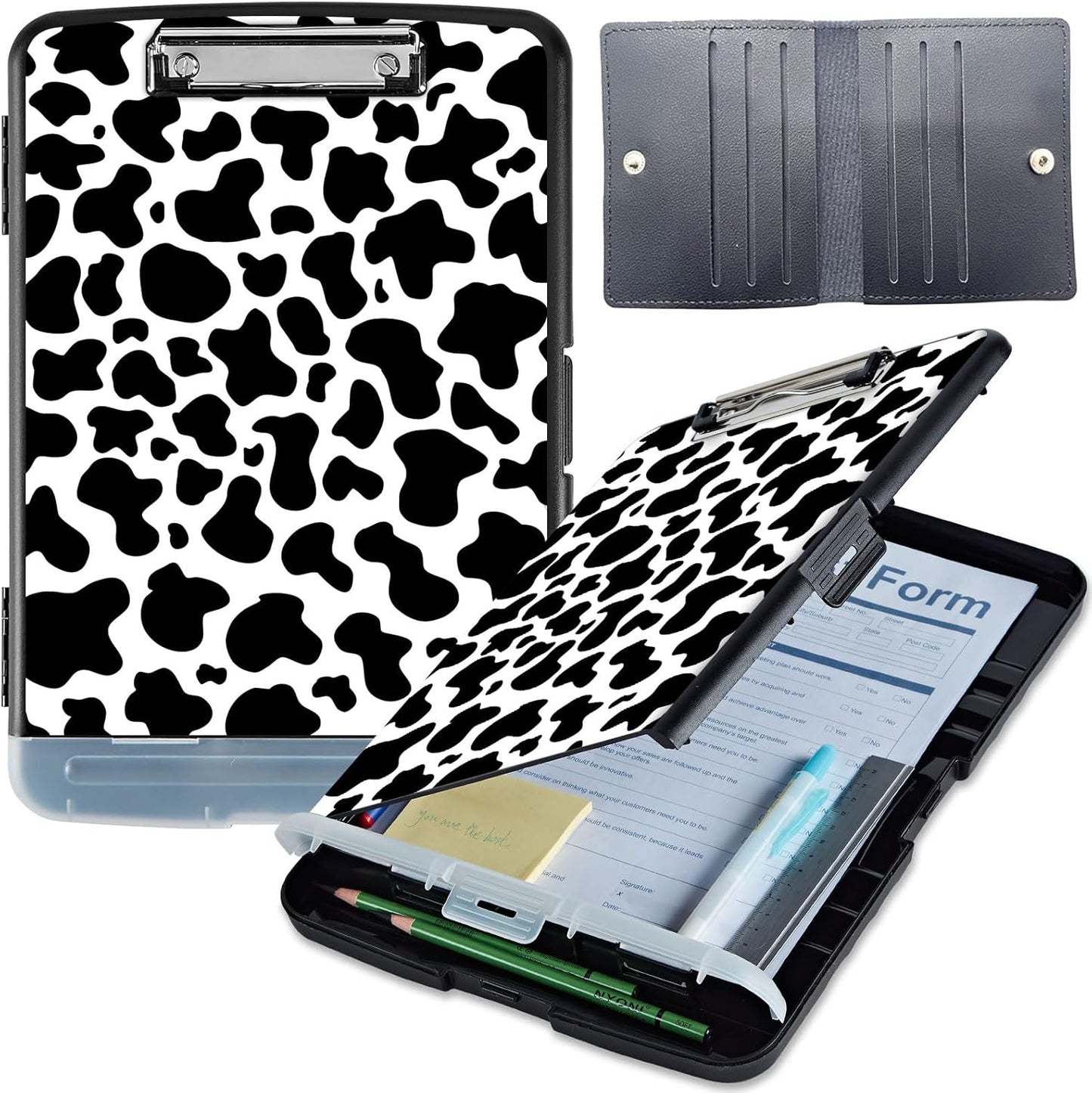 Clipboard with Storage, Heavy-Duty Side-Opening Folder with Pen Holder, Durable Plastic Nursing Clipboard for Nurses, Teachers, and Sales, Cow Prints 02