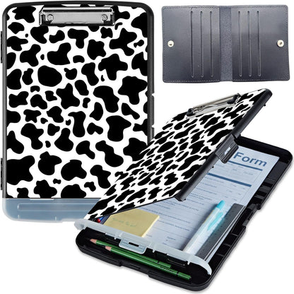 Clipboard with Storage, Heavy-Duty Side-Opening Folder with Pen Holder, Durable Plastic Nursing Clipboard for Nurses, Teachers, and Sales, Cow Prints 02