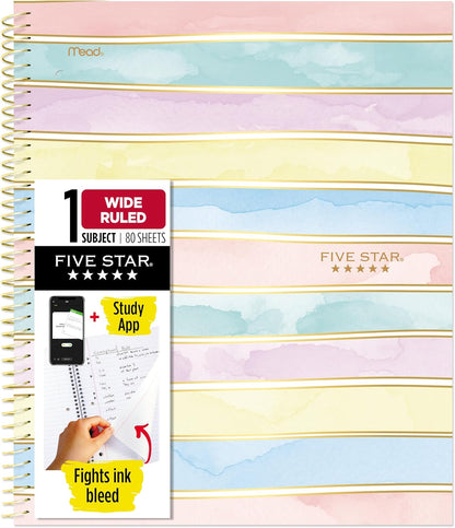 Five Star Spiral Notebook + Study App, 2 Pack, 1 Subject, Wide Ruled, 8" x 10-1/2", 80 Sheets, Fights Ink Bleed, Water Resistant Cover, Pastel Waves and Brush Strokes (930210F-ECM)