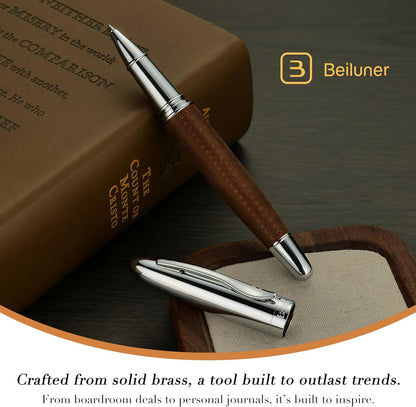 BEILUNER 318 Luxury Leather Pen, Hand-Stitched Premium Leather, Chrome-Plated Finish, Schmidt Ink Refill, Best Rollerball Pen Gift for Men & Women, Refillable, Executive Writing, Nice Pens
