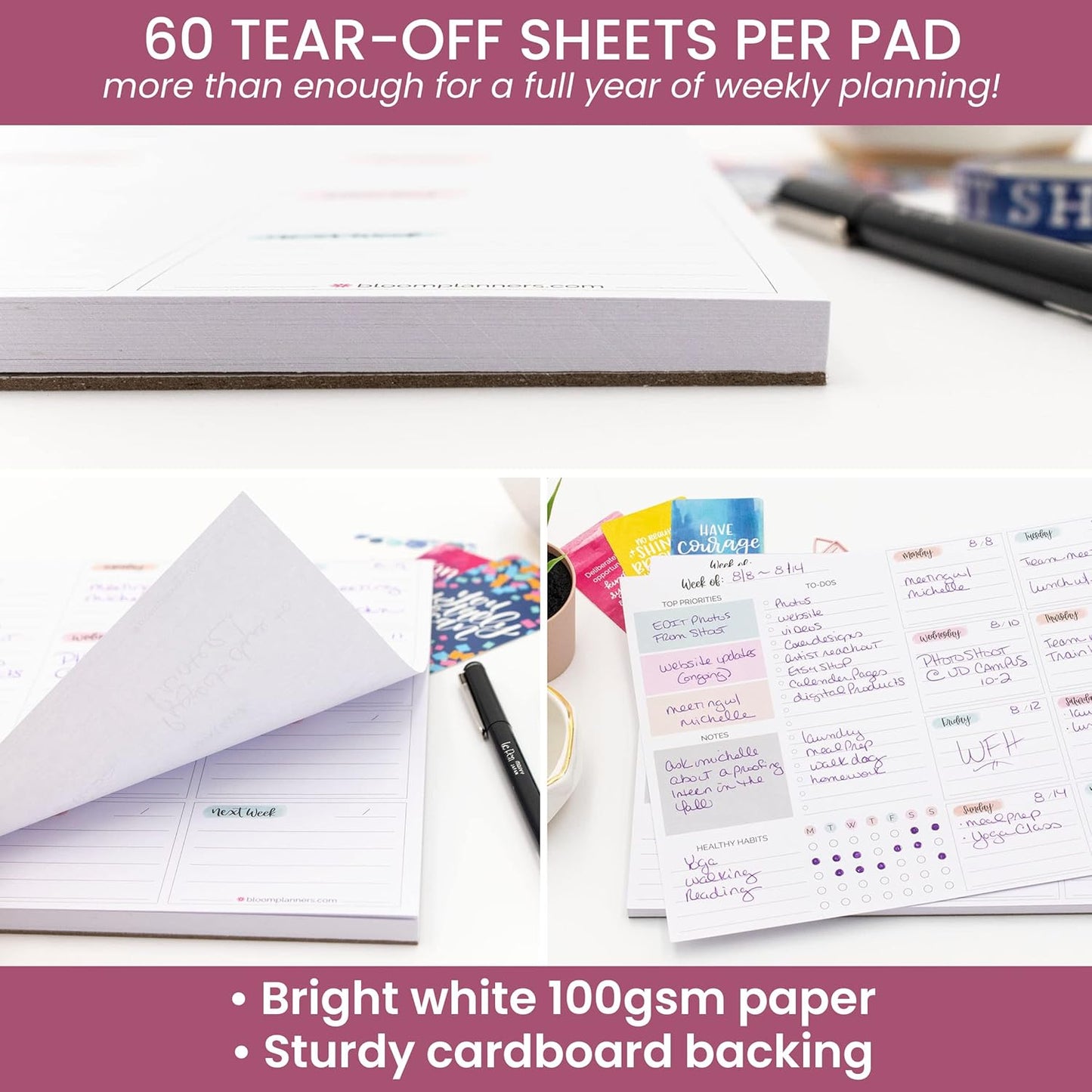 bloom daily planners Horizontal Weekly Tear-Off To Do List Planning Pad - Undated Notepad Organizer & Healthy Habit Tracker - 8.5” x 11” - Floral