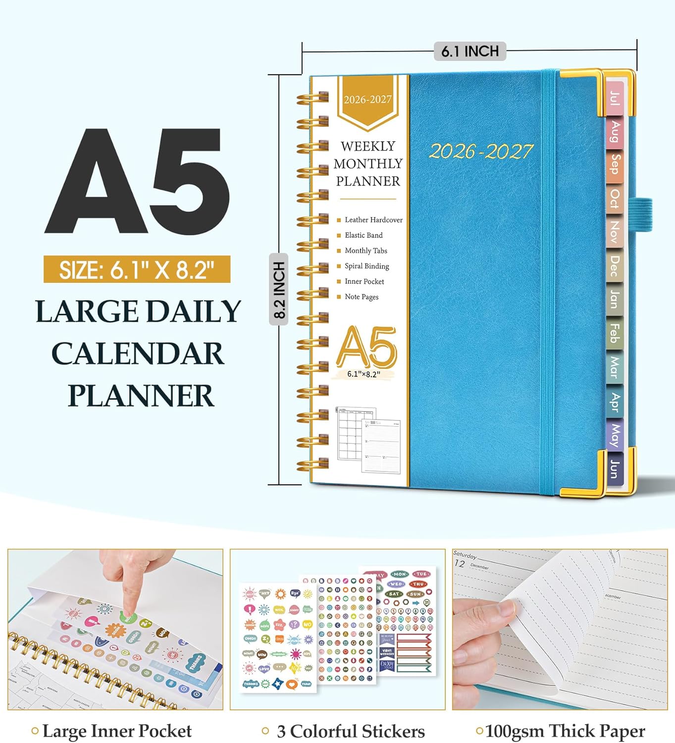 2026 Planner, Weekly and Monthly Calendar Planner from January 2026 - December 2026, 8.5" x 11" Hardcover Leather Hourly Appointment Book with Tabs, Spiral Daily Planners for School Work Home, Green