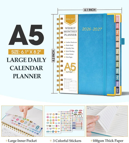 2026 Planner, Weekly and Monthly Calendar Planner from January 2026 - December 2026, 8.5" x 11" Hardcover Leather Hourly Appointment Book with Tabs, Spiral Daily Planners for School Work Home, Green