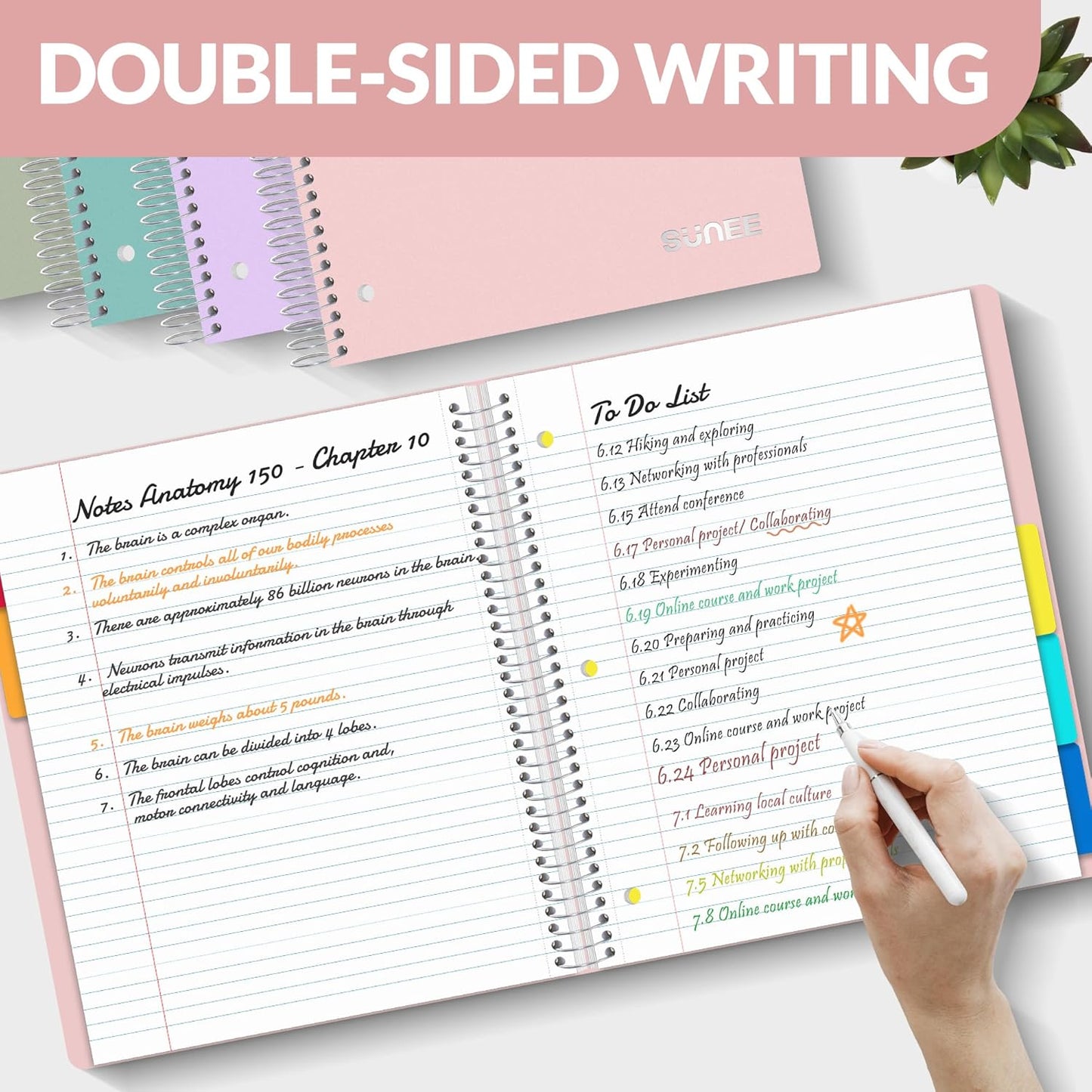 SUNEE 5 Subject Graph Paper Notebook - 400 Pages, 9"x11", 4x4 Graph Ruled Notebook, 5 Pocket Colored Dividers, 3-Hole Punched Paper, Black