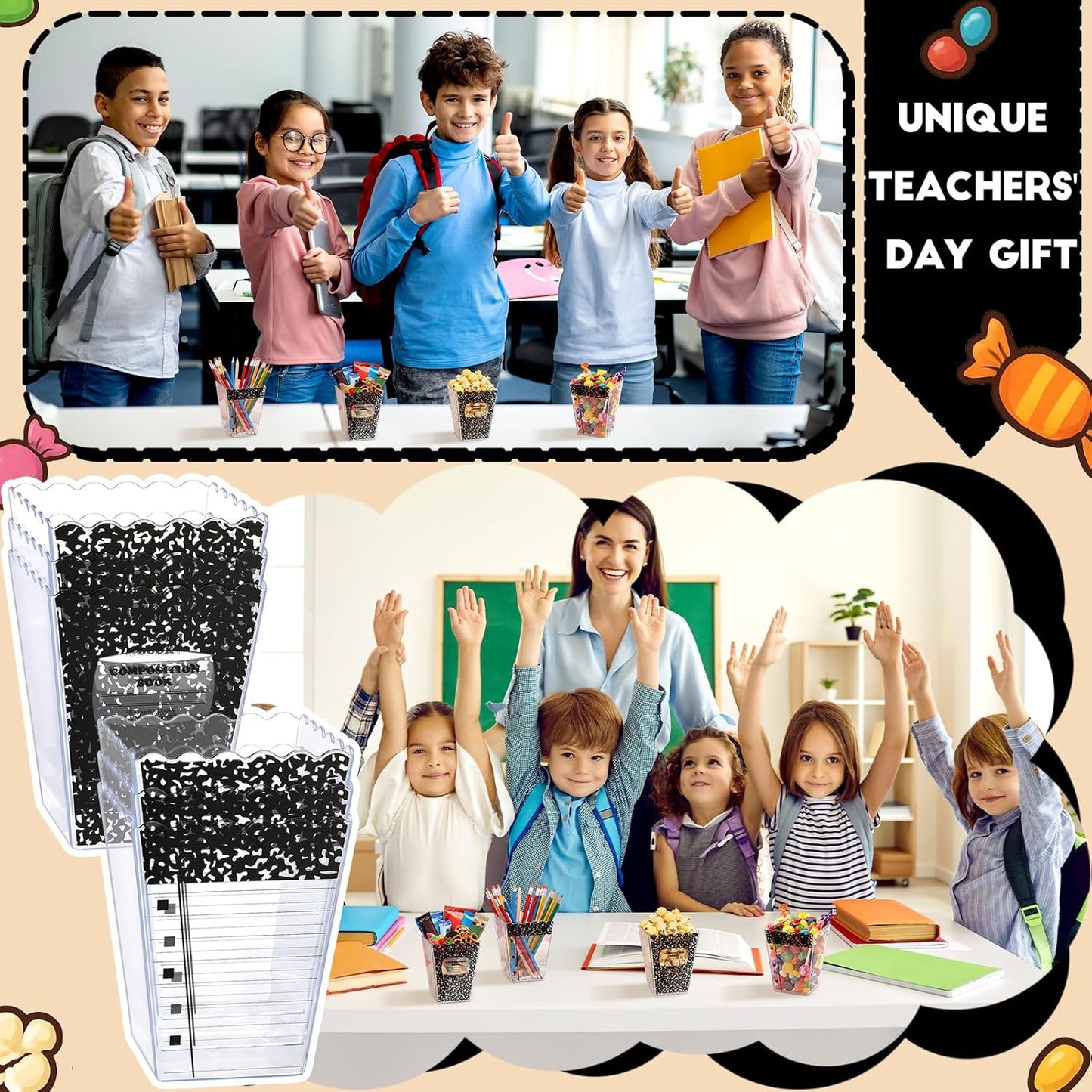Mimorou 6 Pcs Teacher Gift Box Teacher Appreciation Gift Container Thank You Pencil Notebook Composition Book Crayon Candy Popcorn Holders for End of Year Graduation Party (Notebook)