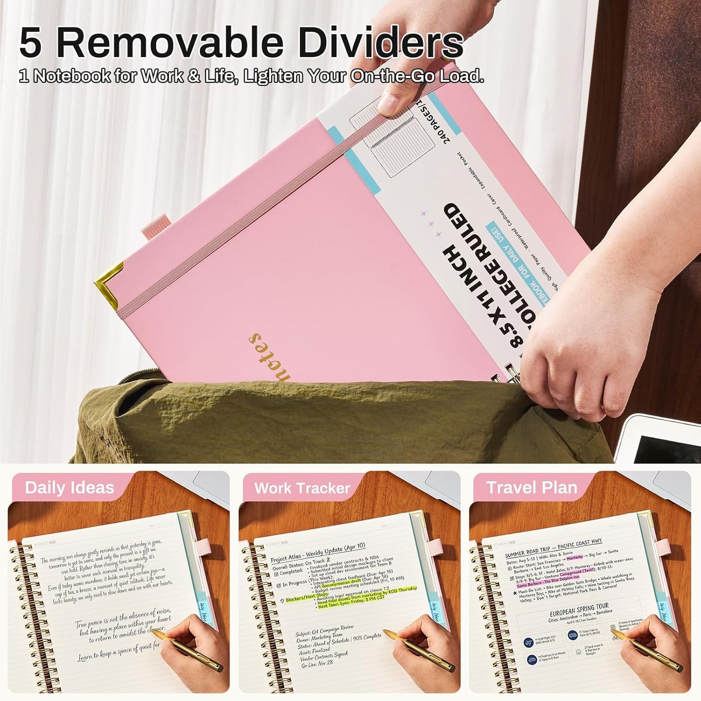 Hardcover Spiral Notebooks 8.5" X 11" Note Taking 5 Subject Notebook College Ruled with Dividers 240 Pages 100GSM Aesthetic Spiral Notebook for Work School Cute Journals for Women Writing