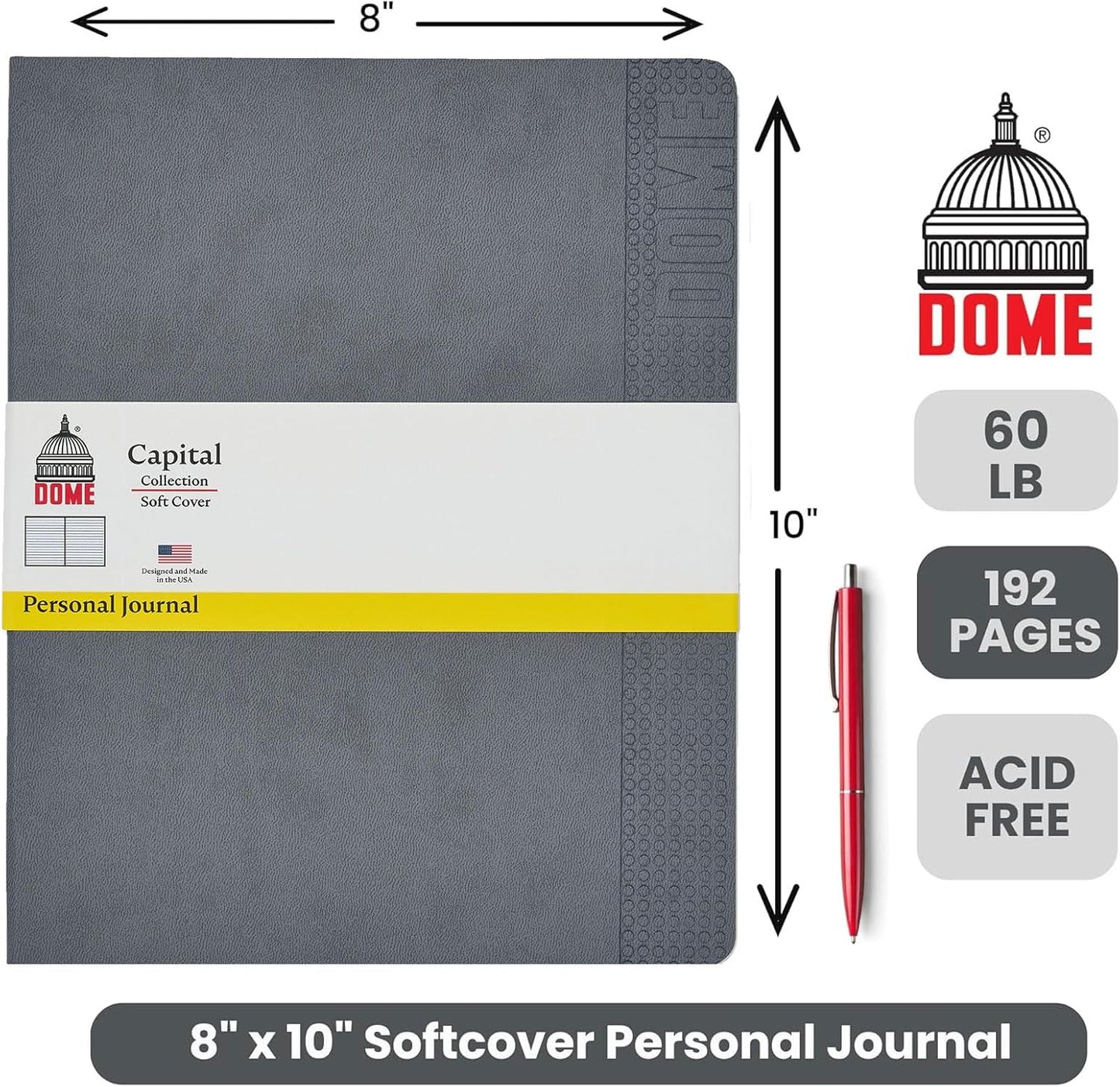 DOME Personal Journal – 8 x 10 Inch Softcover Lined Journal Notebook, 192 Pages, Grey Premium Acid-Free 60-lb Thick Paper, Inner Pocket, Made in USA