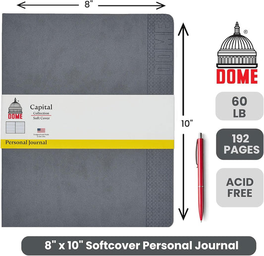 DOME Personal Journal – 8 x 10 Inch Softcover Lined Journal Notebook, 192 Pages, Grey Premium Acid-Free 60-lb Thick Paper, Inner Pocket, Made in USA