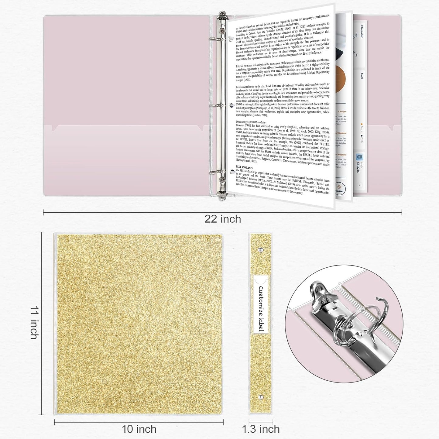 EYROZILL 3 Ring Binders 1 Inch Round Rings Binder Gold Binder Holds 8.5" x 11" Letter Size 300 Sheets, Waterproof, Gold