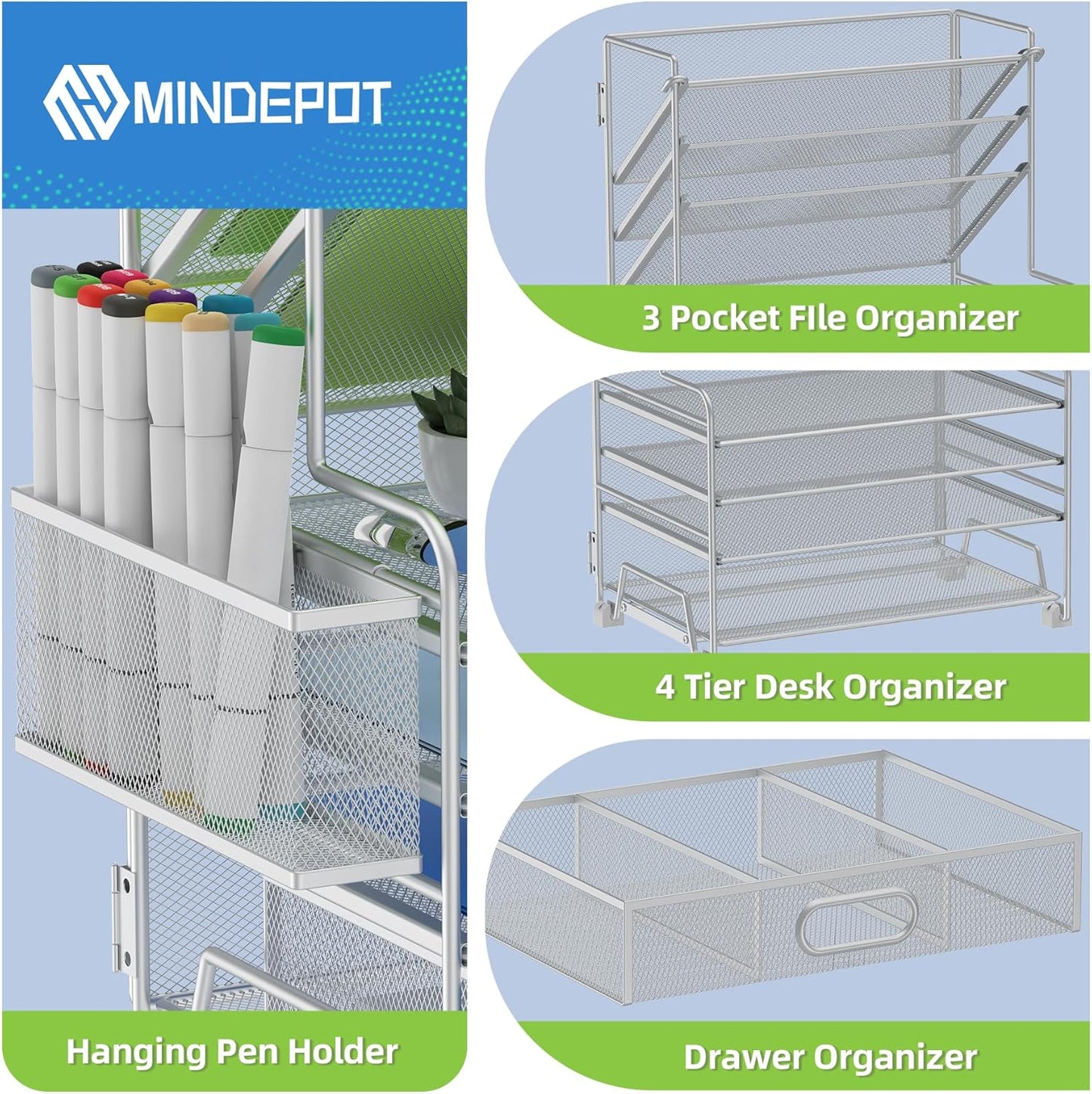 MINDEPOT 4-Tier Paper Organizer + 3-Pocket File Holder + Drawer + Pen Holders, Desktop File Organizers Paper Tray for Office Supplies School Classroom Organization (Black, No Drawer & Pen Holder)