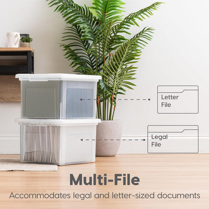 IRIS USA File Box, Plastic File Organizer with Lids for Letter/Legal File, Portable Document Box For Moving, Storage Bin with Durable and Secure Lid, Stackable Nestable BPA-Free, Clear 35 Qt. 4 Pack