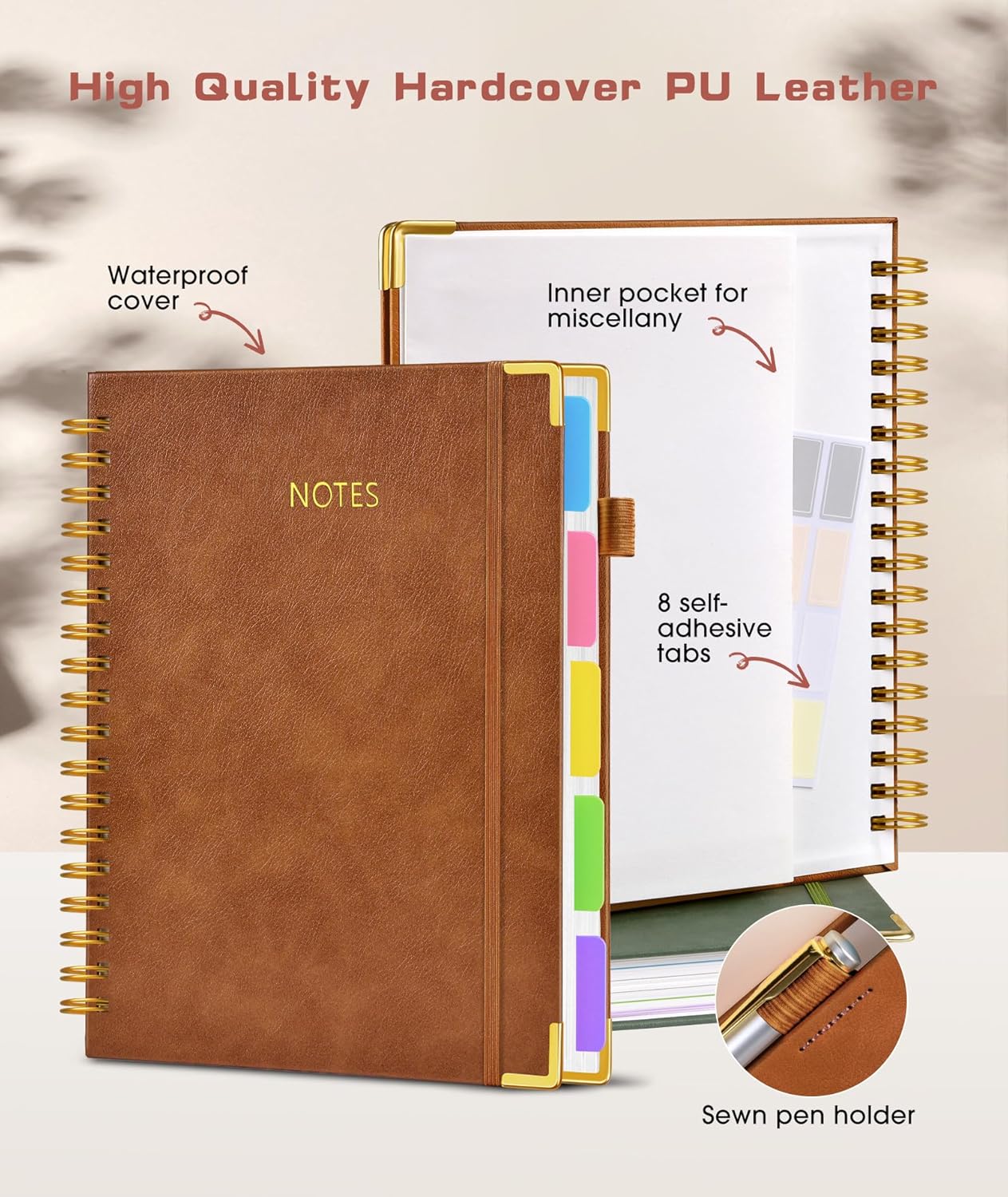 Hardcover Spiral Notebook Journal with Removable Dividers Tabs, 300 Pages Leather 5 Subject Notebook College Ruled, 8"x10" Large B5 Notebooks for Work School Note taking, Lined Journal for Women, Pink