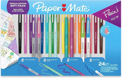 Paper Mate Flair Felt Tip Pens, 24 Vibrant Colors, Medium Point 0.7mm, 4 Unique Styles, No-Bleed Ink for Students and Teachers