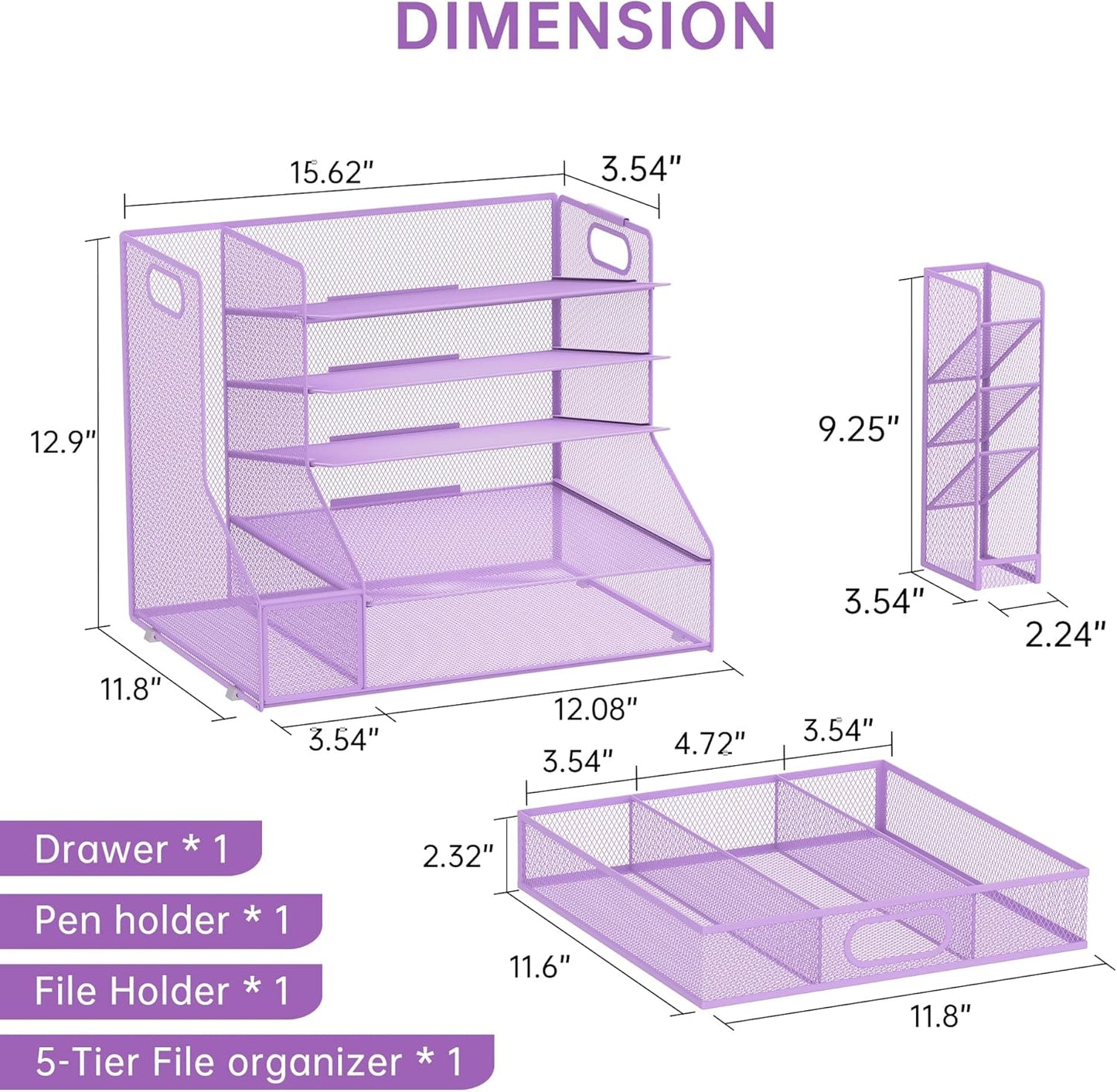 SUPEASY Desk Organizer with File Holder, 5-Tier Mesh Paper Letter Tray Organizer with Pen Holder and Drawer, Desktop Organizer and Storage with 3 Tilted File Sorter for Office Supplies, Blue