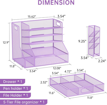 SUPEASY Desk Organizer with File Holder, 5-Tier Mesh Paper Letter Tray Organizer with Pen Holder and Drawer, Desktop Organizer and Storage with 3 Tilted File Sorter for Office Supplies, Blue