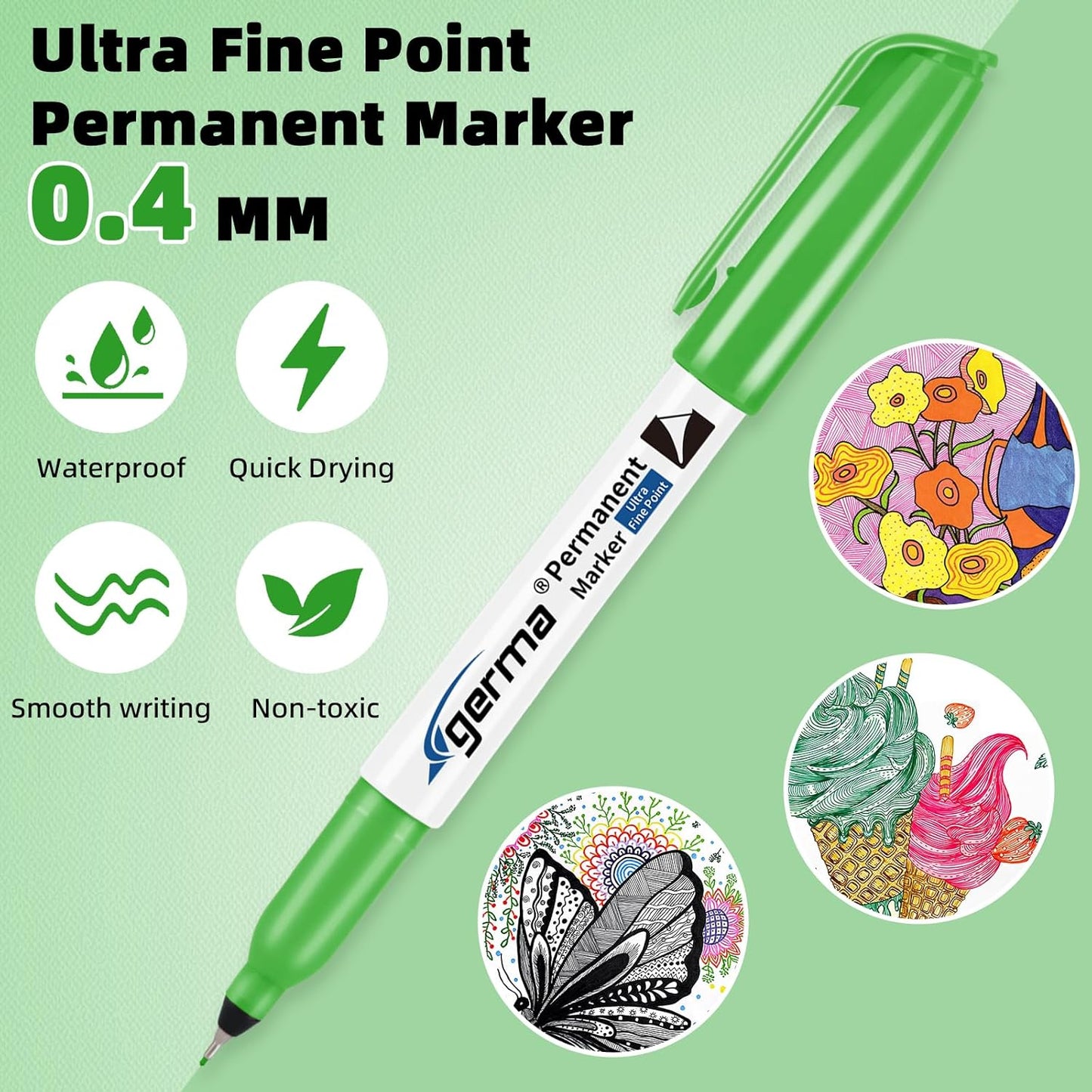Cgerma Ultra Fine Point Permanent Markers Black, 18 Pack Ultra Fine Tip Markers, Waterproof, Quickly Dry, No bleed, Works on Plastic, Wood,Stone, Metal and Glass for School Office Home