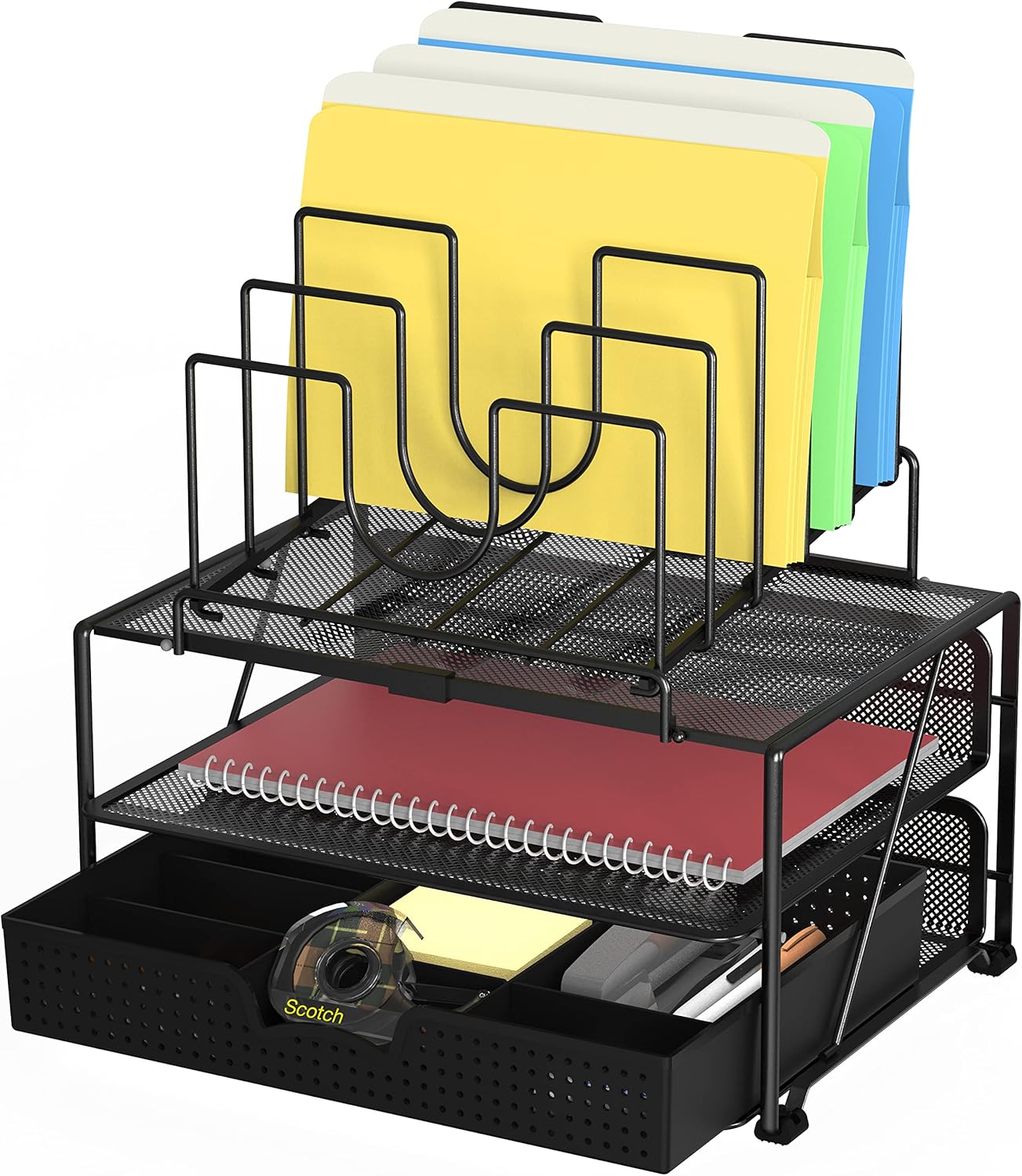 Deco Brothers Desktop File Organizer with Double Tray and 5 Folder Stand, Silver