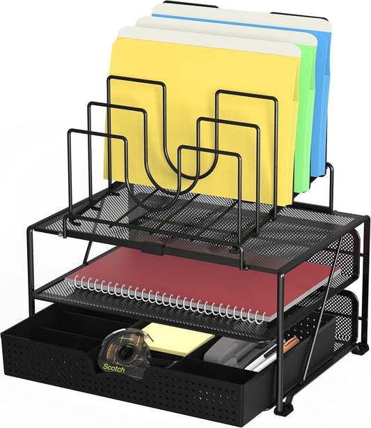 Deco Brothers Desktop File Organizer with Double Tray and 5 Folder Stand, Silver