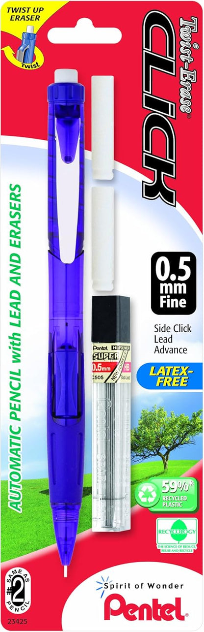 Pentel Twist Erase Click Automatic Pencil with 2 Eraser Refills and Lead, 0.9 mm, Assorted Barrels, Color May Vary, 2 Pack (PD279TLEBP2)