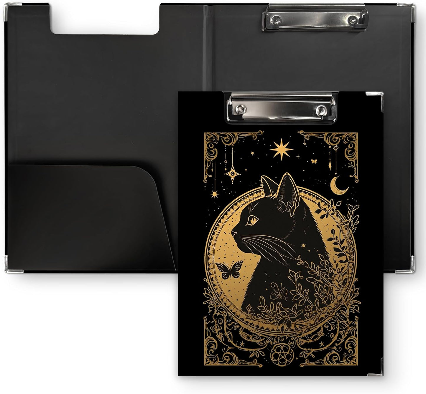 Gothic Moon Phase Clipboard Folio with Storage, Witchy Moon Decorative Clipboard Folder, Gothic Black Gold Clipboards for Women, Witchy Gifts Office Supplies, 12.4x9.2In
