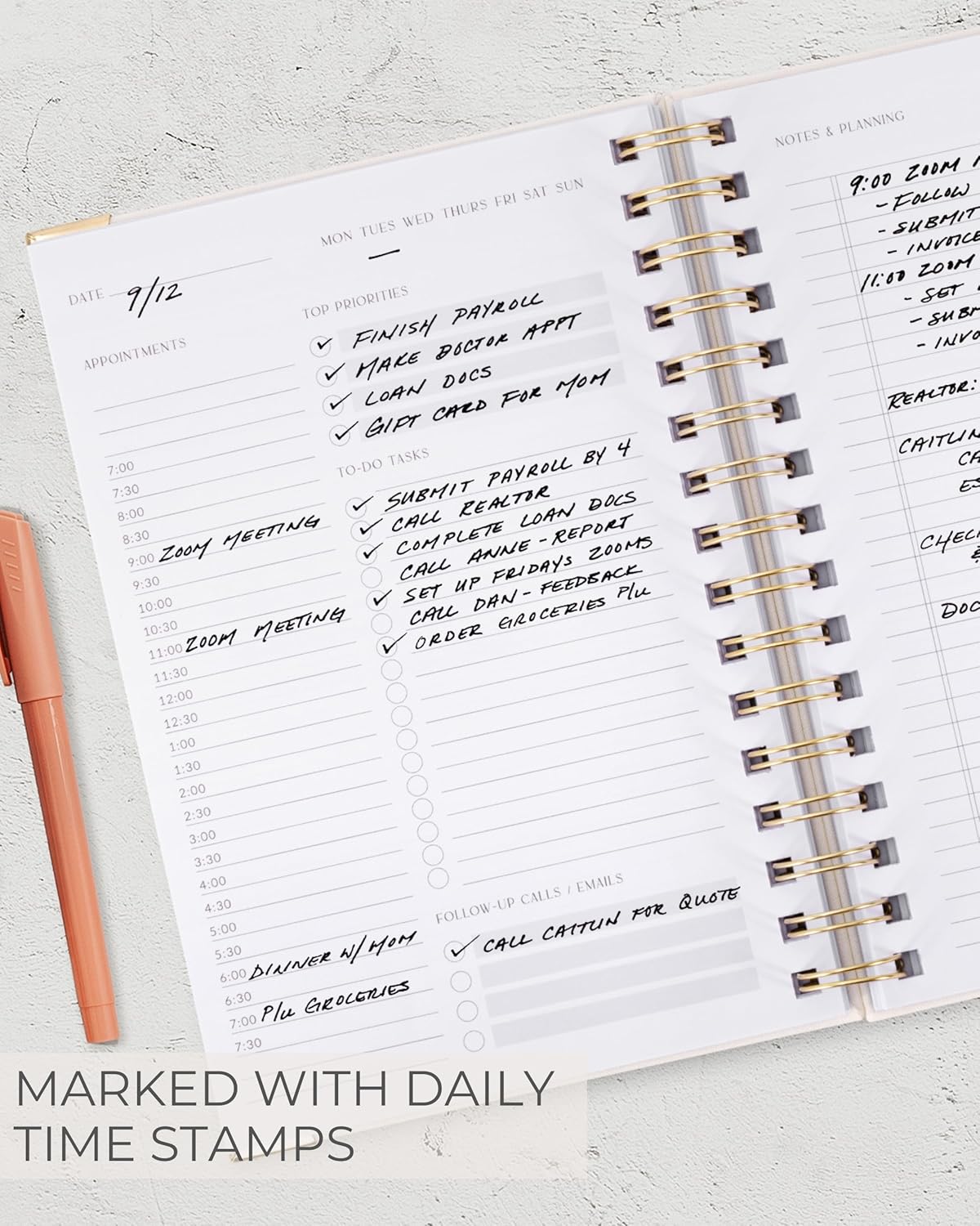ZICOTO Aesthetic Daily Planner And Notebook With Hourly Schedule - Aesthetic Spiral To do List Notepad For Work/Home to Organize Tasks And Appointments - Stylish School/Office Supplies Book For Women