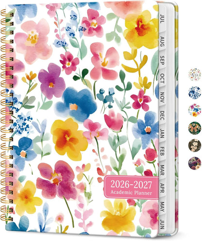 Planner 2026-2027, Academic Year Monthly and Weekly Calendar Planner, Jul 2026 - Jun 2027, Hardcover Teacher Student Planning Agenda book with Tabs, Perfect for School Office Supplies, 6.3" x 8.5" - Wildflowers