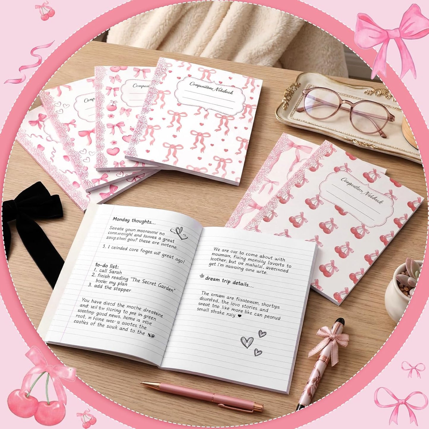 Fullhawl 6 Pcs Bow Composition Notebooks, Preppy Coquette Notebook College Ruled Journal, 110 Page, Cute Back to School Gift for Teacher, Student, First Day of Schooll(Pink,9-3/4 x 7-1/2")