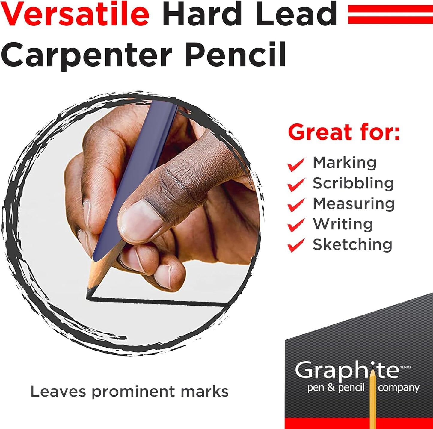 GRAPHITE Hard Lead Carpenter Pencils Bulk - (1) Pack of 12 Pieces Lumber Wooden Pencil #2 (HB) - Red