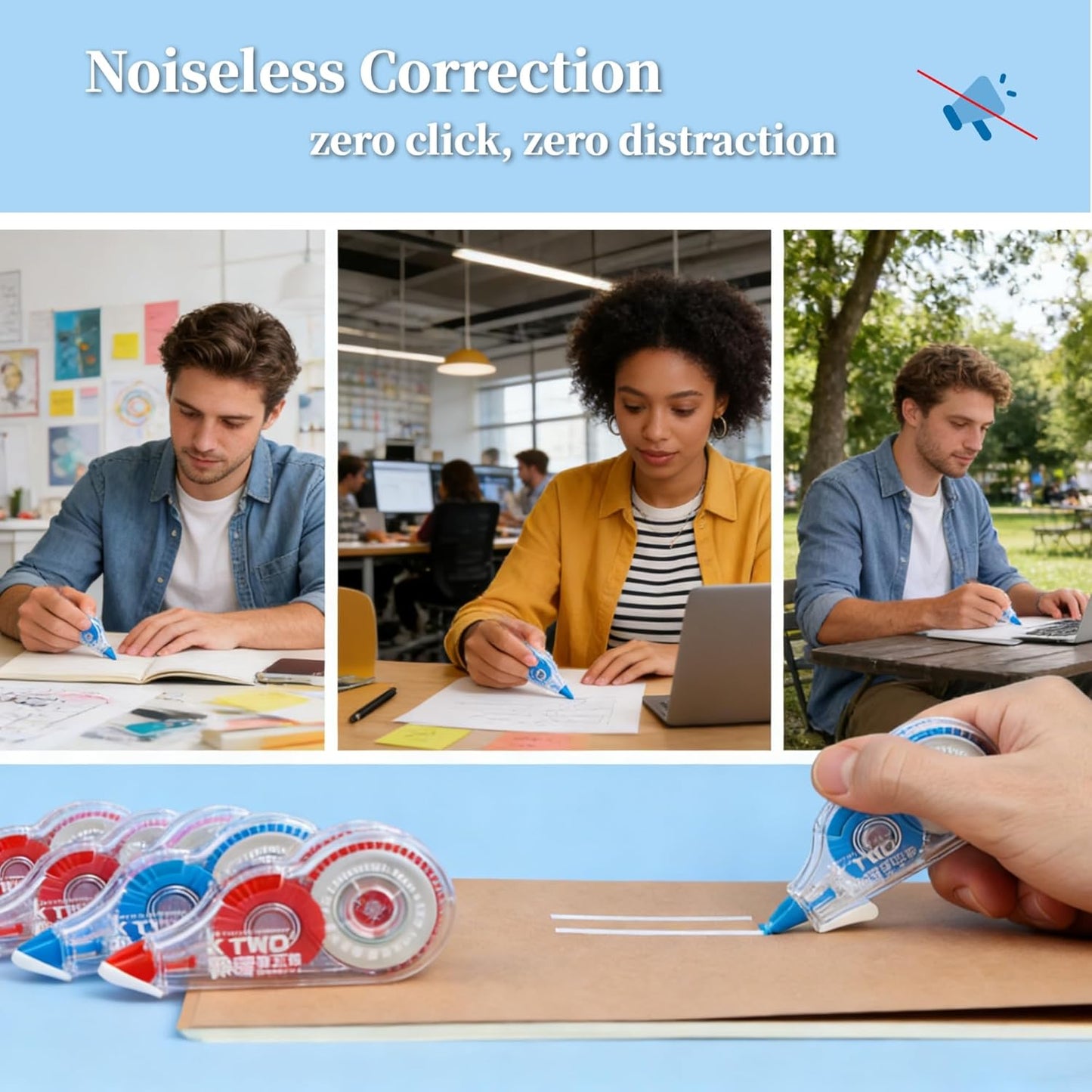 39.37 ft Correction Tape, 6PCS, Fast, Clean, Noiseless and Easy-to-Use Correction Tape Bulk Office School Supplies, Blue, Red, Purple