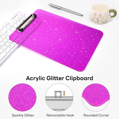 A4 Plastic Glitter Clipboard, Sparkly Pink 12.5 x 9 Letter Size for Classroom, Students, Teacher, Nurse, 8.5 x 11 Clip Board with Low Profile Clip, Office & School Supplies