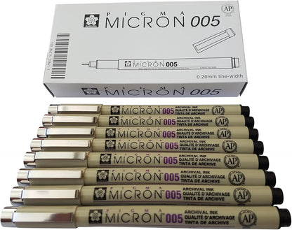 Sakura Pigma Micron pen 005 Black ink marker felt tip pen, Archival pigment ink, fine point for artist drawing pens - 8 pen set