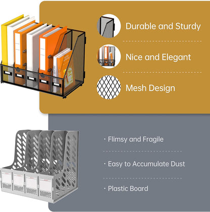DALTACK 4 Vertical Compartments Magazine File Holder, Binder Organizer, Metal Desk Organizers for Office Home School Classroom Organization, Black
