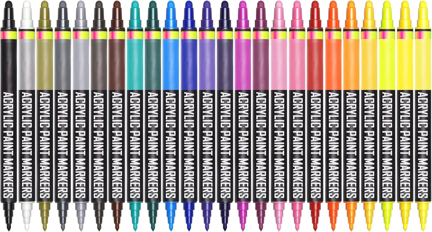 Acrylic Paint Markers Dual Tip (12 Pack) - Acrylic Markers Paint Pens for Rocks - Bold Acrylic Paint Pens Fine Tip and Dot Tip - Fabric Makers Permanent for Clothes Water Based Markers - Chalky Crown