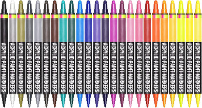 Acrylic Paint Markers Dual Tip (12 Pack) - Acrylic Markers Paint Pens for Rocks - Bold Acrylic Paint Pens Fine Tip and Dot Tip - Fabric Makers Permanent for Clothes Water Based Markers - Chalky Crown