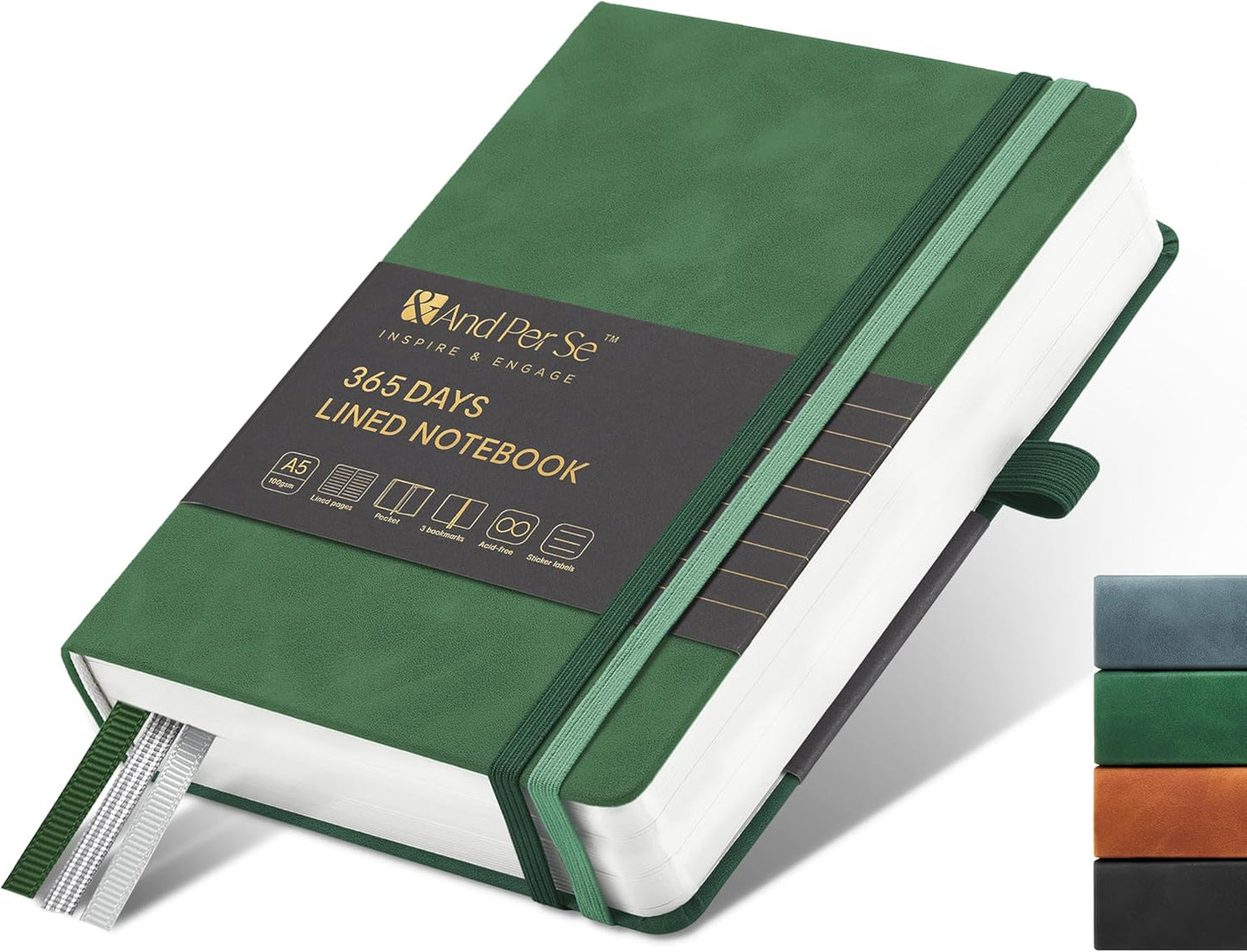 &And Per Se Lined Journal Notebook, 160 Pages, A5 5.7 x 8 inches College Ruled Thick Paper Notebook Journals for Writing, Hardcover Notebooks for Women Men Office School (1 Pack, Green) - Colors A