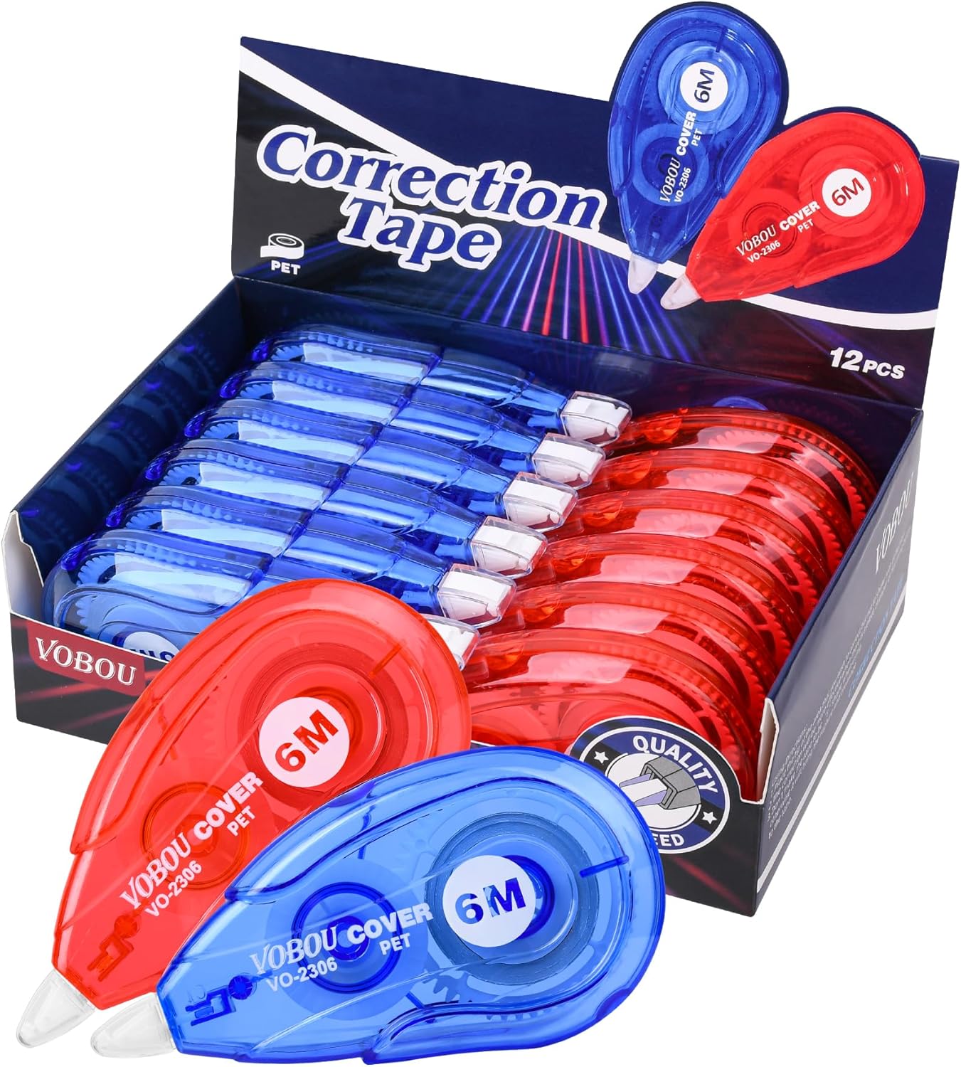 Vobou White Correction Tape, Easy To Use Applicator for Instant Corrections Wrong Writing At Any Time, For school, Office (Red and Blue, 12pack, 6M/256" x 0.2")