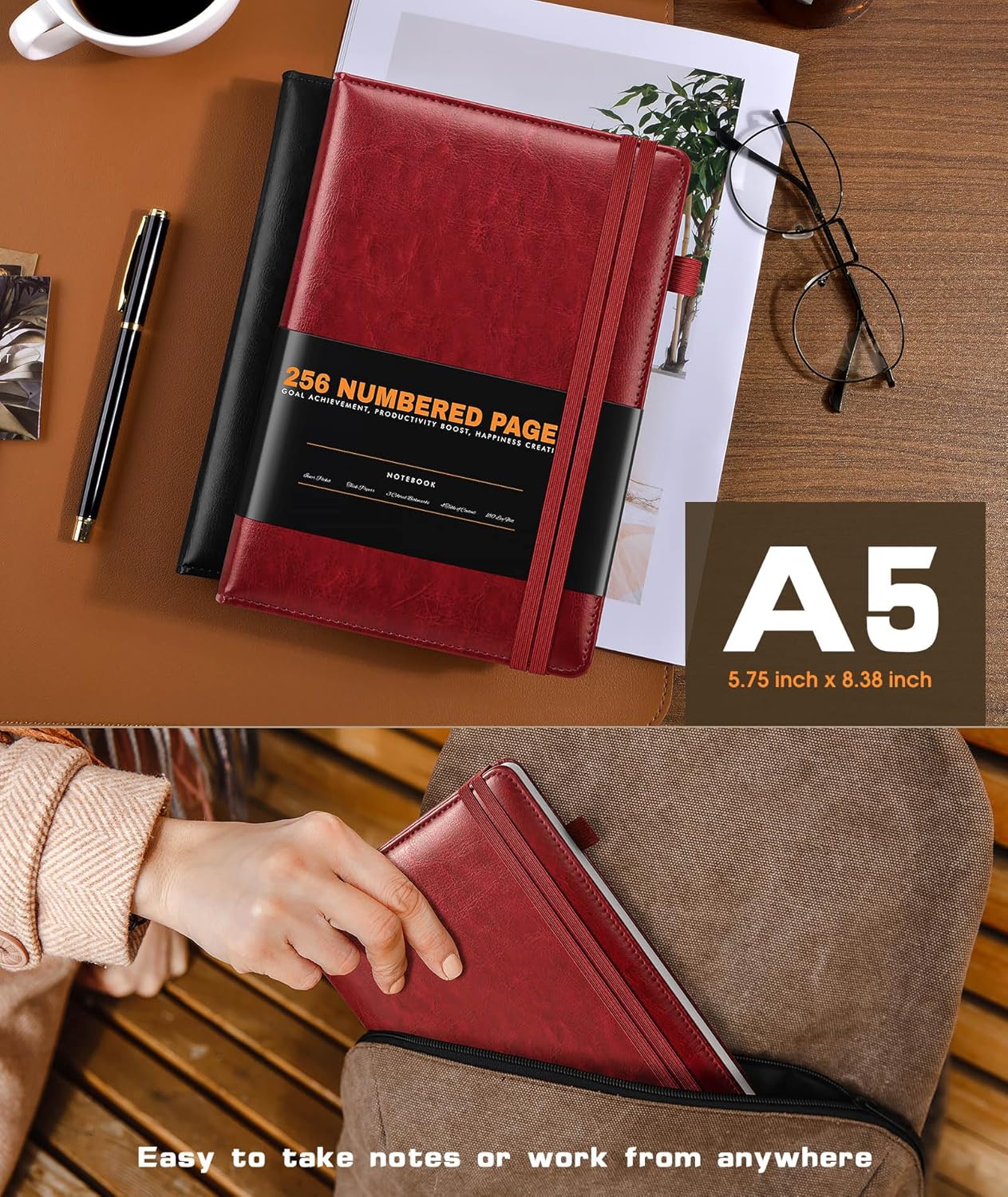 Lined Journal Notebook for Women Men, 256 Numbered Pages Hardcover Leather Journals for Writing, A5 Journaling Notebooks, College Ruled Journal for Business Work School Note Taking 5.75" x 8.38" Brown