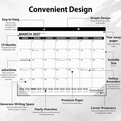 GuassLee Desk Calendar 2026-2027 - 19 Months Academic Calendar 17" × 11.5" Desktop Calendar from Jun. 2026 to Dec. 2027 with Julian Date for Home School Office Desk Top Organizing