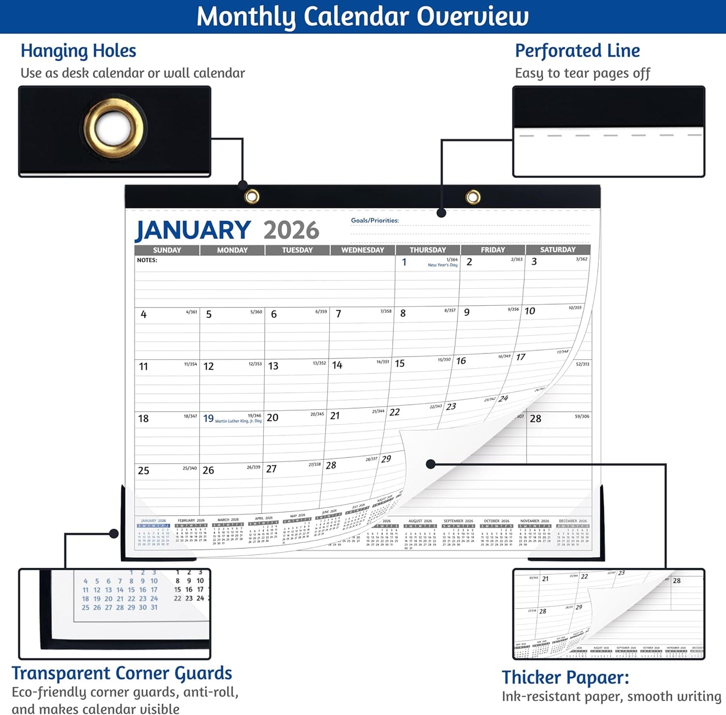 2026-2027 Desk Calendar – Run Now to MAR. 2027, 18 Monthly Desk Calendar 2026-2027 Large, 17'' x 12'', Best Desk/Wall Calendar 2026 with To-do Lists, Desk Pad, Ruled Blocks, Corner Protectors