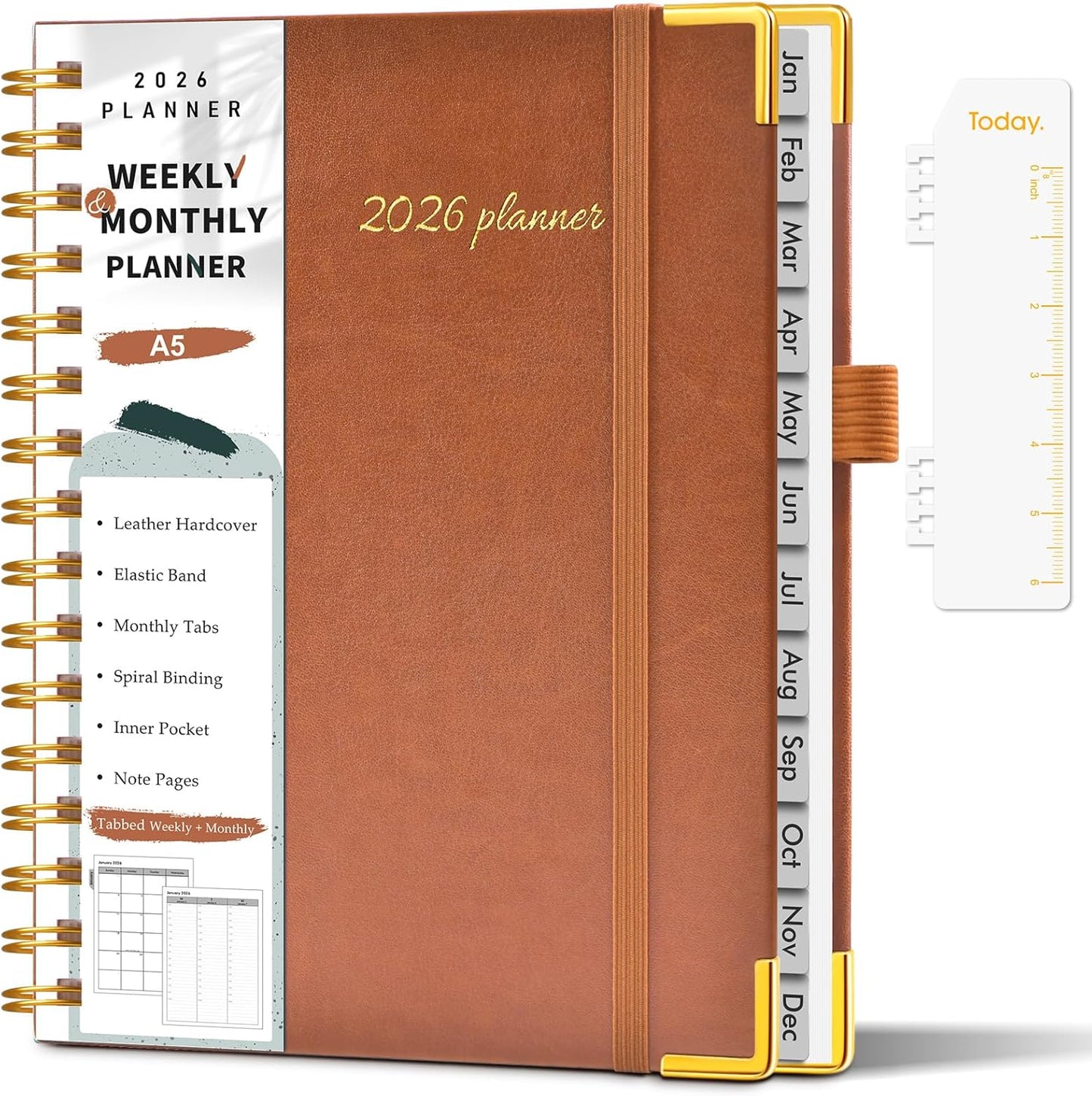2026 Planner, Weekly and Monthly Calendar Planner from January 2026 - December 2026, 8.5" x 11" Hardcover Leather Hourly Appointment Book with Tabs, Spiral Daily Planners for School Work Home, Green