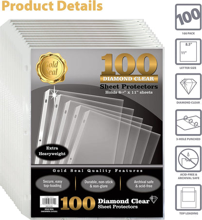 GOLD SEAL 100 Count Diamond Clear Extra Heavyweight Sheet Protectors, 4 mils Strong,8.5 x 11, Top Load, 100 Pack