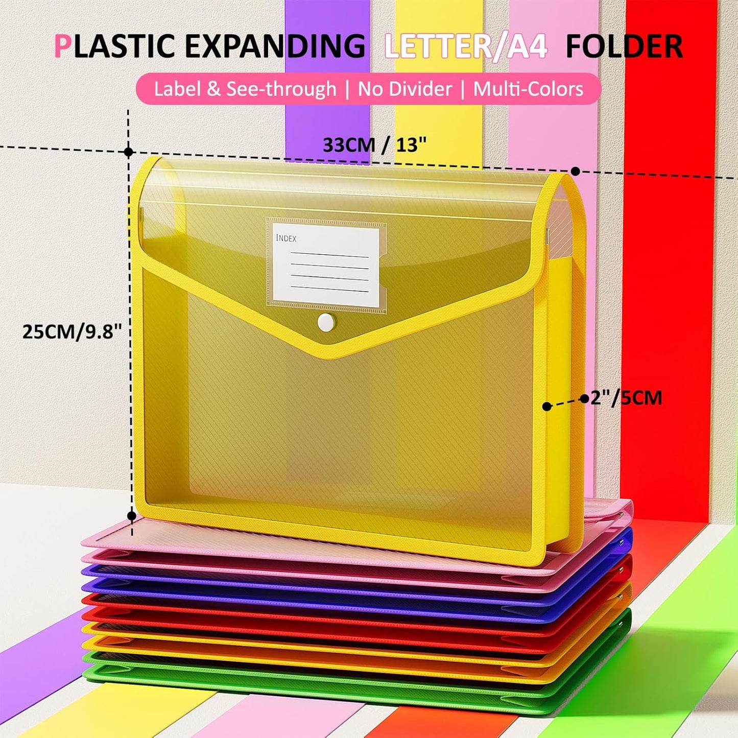 ThinkTex Plastic Expanding File Folder, Transparent Envelopes with Snap Closure, No Dividers, Large Capacity, Assorted Colors, Fits Letter / A4 Size - 5 Pack