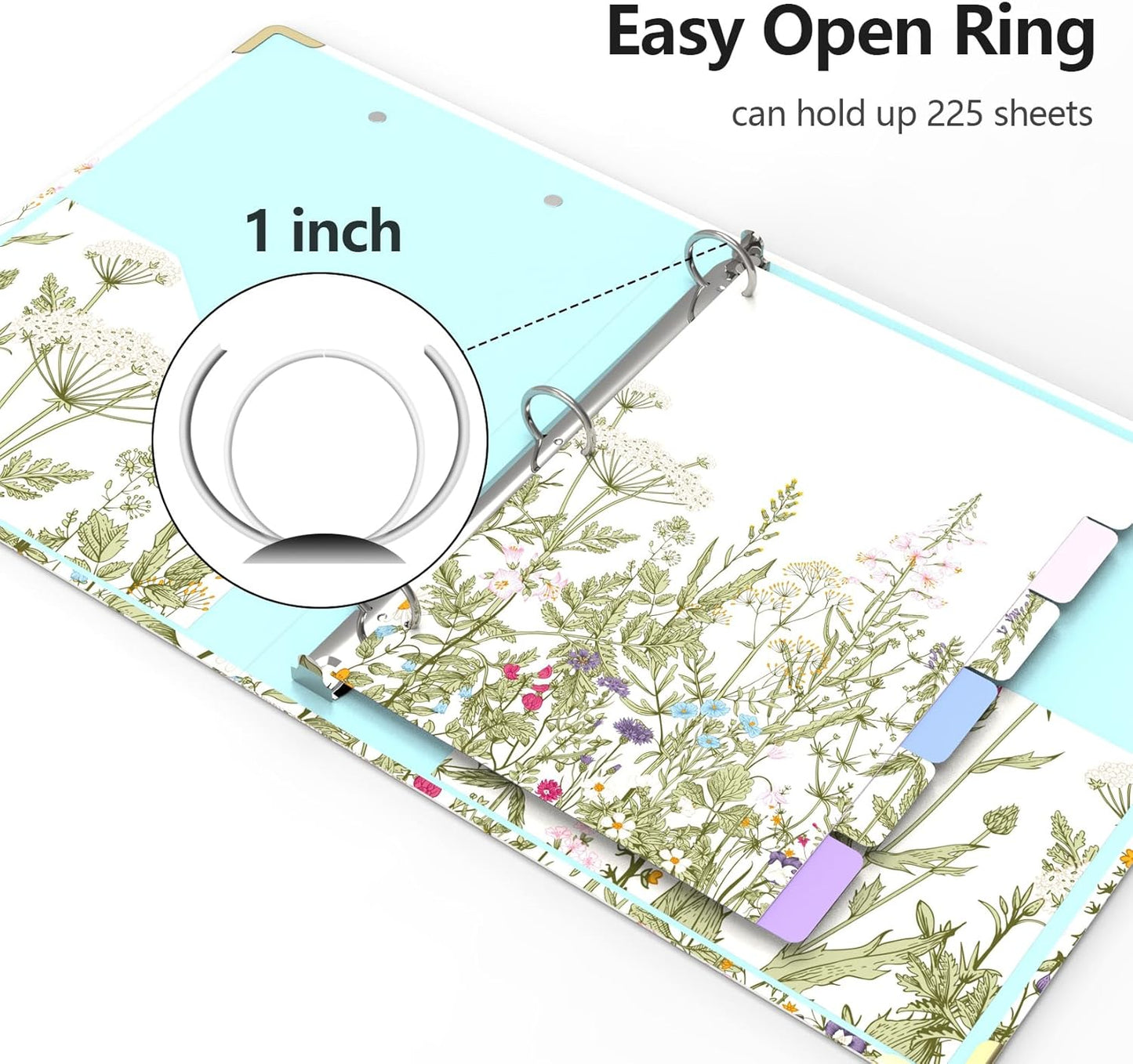 3 Ring Binder 2 Inch Round Ring Binder with 6 Tab Dividers，2 Interior Pockets，Cute Binder Clipboard with Storage, for School Office, Portfolio(Almond Tree)