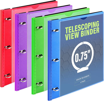 WOT I 1 Inch Telescoping 3 Ring Binder 4 Pack, Expandable Flexible Binder with Customizable Front Cover & Clear Catalog Pocket, Holds 225 Sheets, School Office Supplies, White