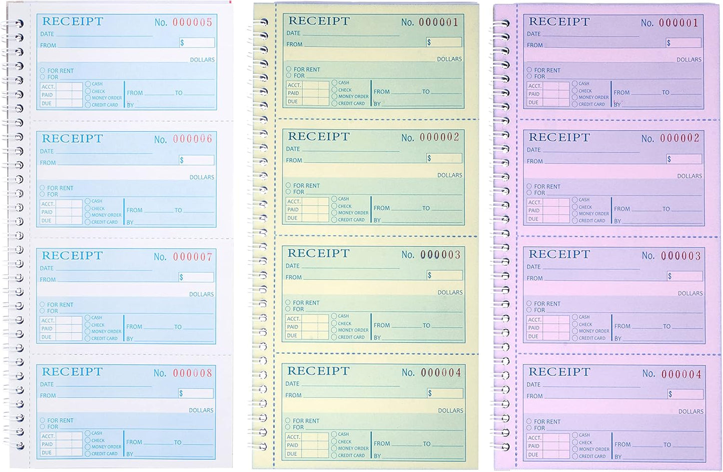 Receipt Books with Carbon Copies,Money and Rent Receipt Book,3-Part Carbonless,5.31" x 11.22",Receipt Book for Small Business,Blue,Yellow and Pink Copy,100 Sets Per Book